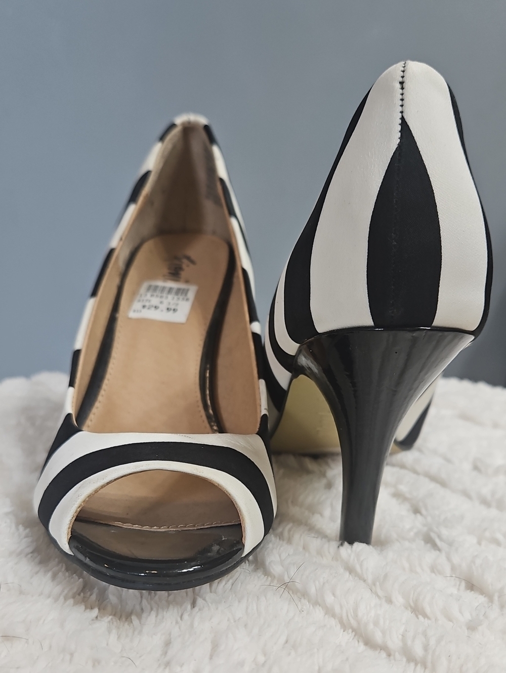 FIONI Clothing Black and White Striped Peep-Toe High Heels